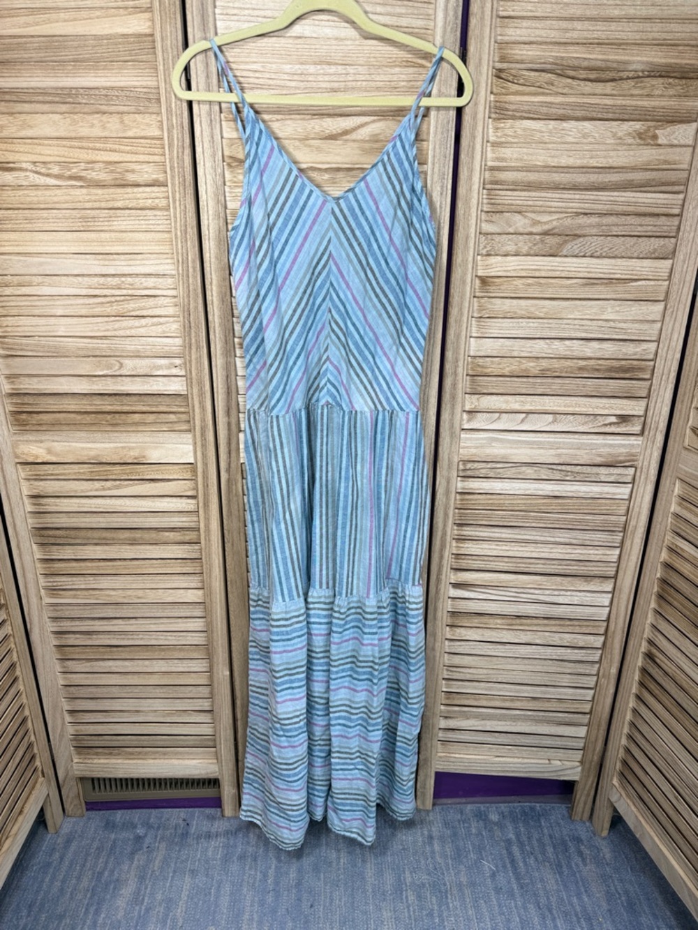 Self Contrast Striped V-Neck Maxi Dress in Light Blue & Pink Linen/Cotton Size M - Picture 2 of 11